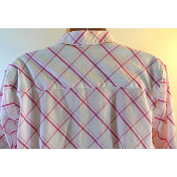Izod Blouse top pink plaid button up cotton contrast sleeves size Med/Large - Picture 4 of 8
